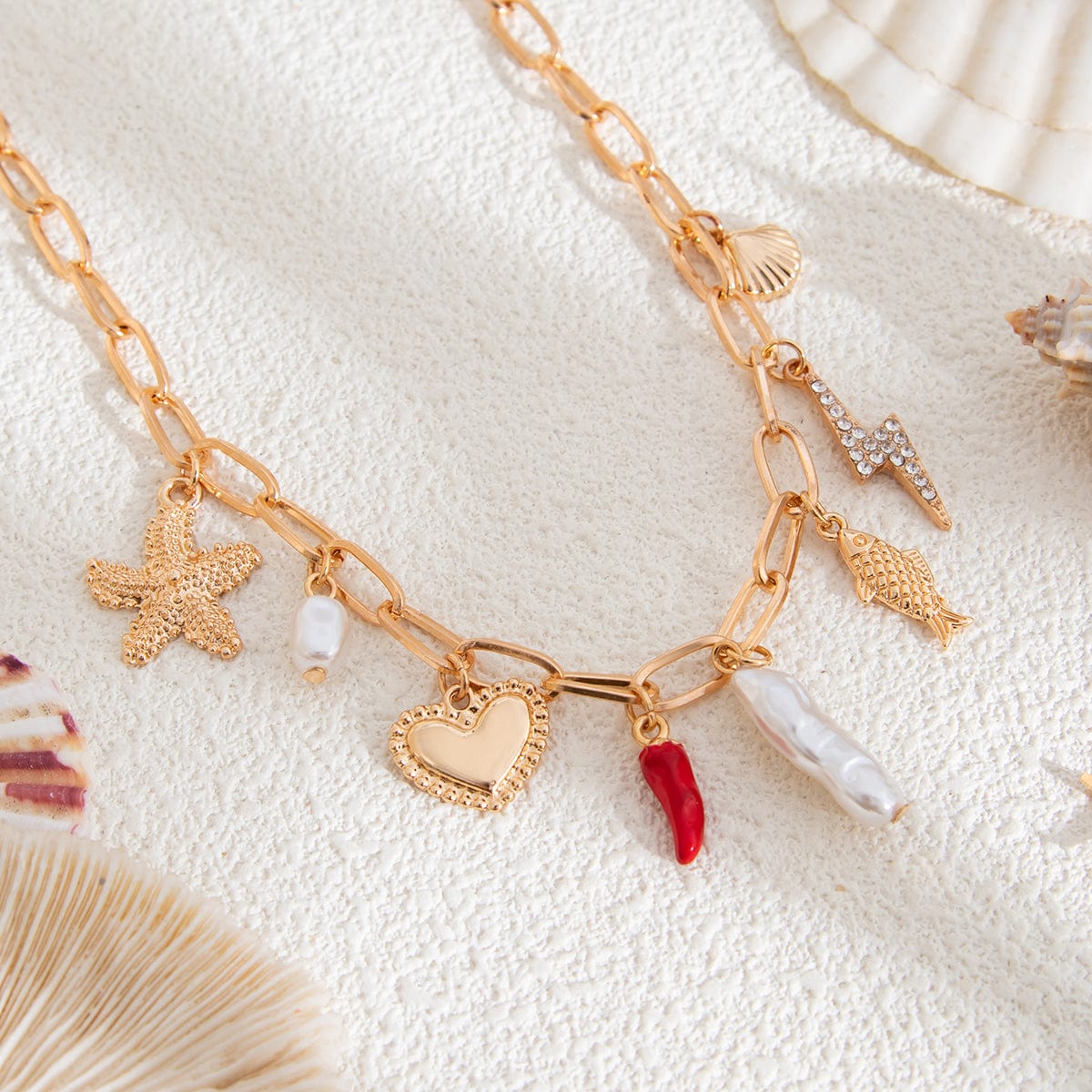 Boho Enamel Chili Heart Irregular Pearl Pendant Necklace - ArtGalleryZen