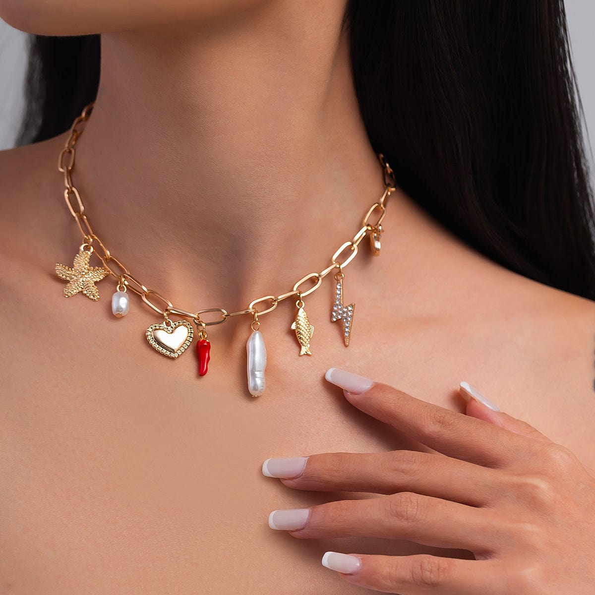 Boho Enamel Chili Heart Irregular Pearl Pendant Necklace - ArtGalleryZen