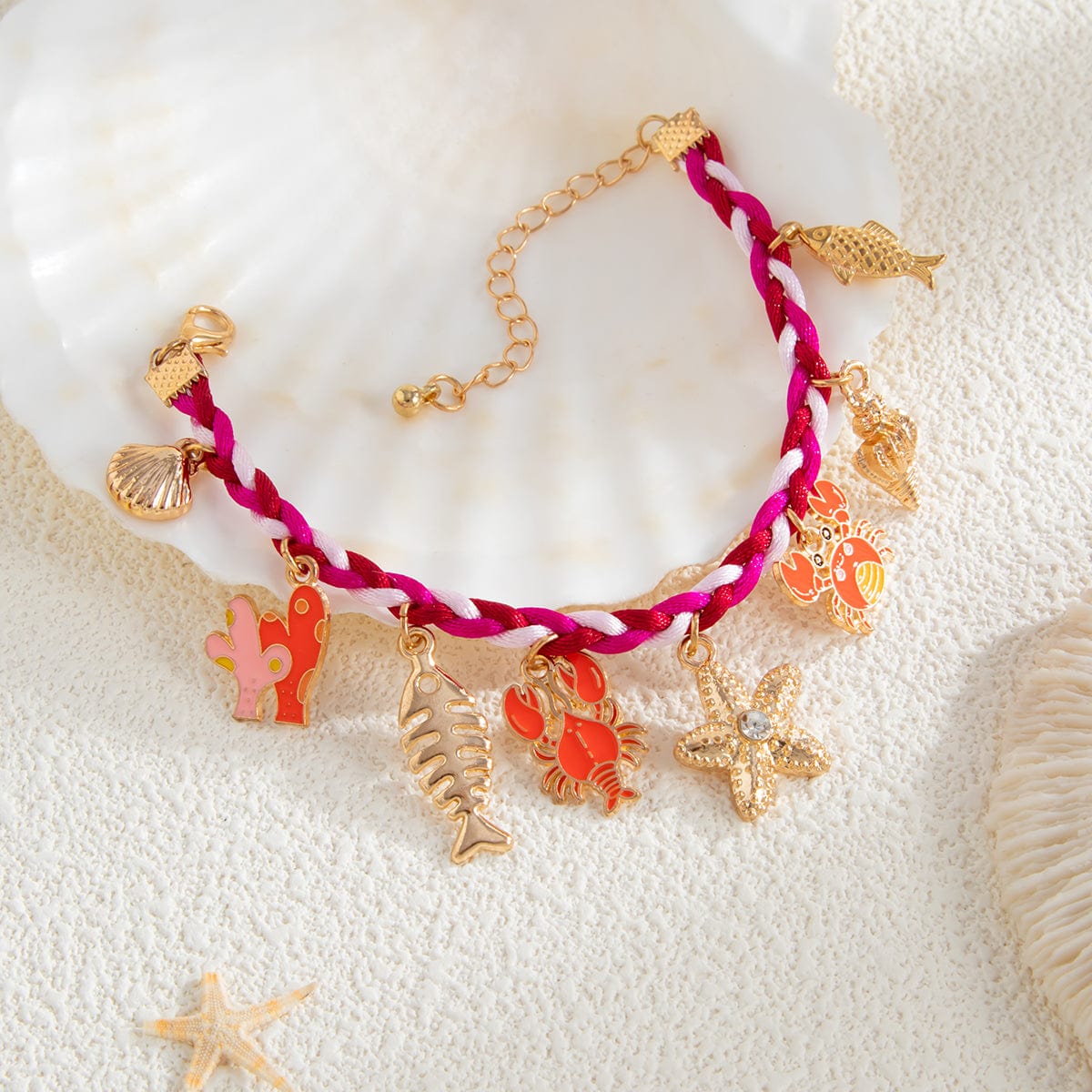 Boho Enamel Crab Lobster Starfish Charm Braided String Bracelet - ArtGalleryZen