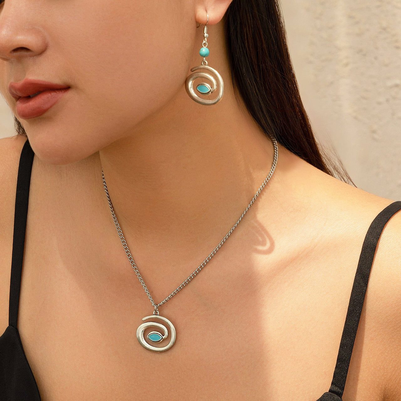 Boho Enamel Spiral Round Pendant Turquoise Earrings Necklace Set