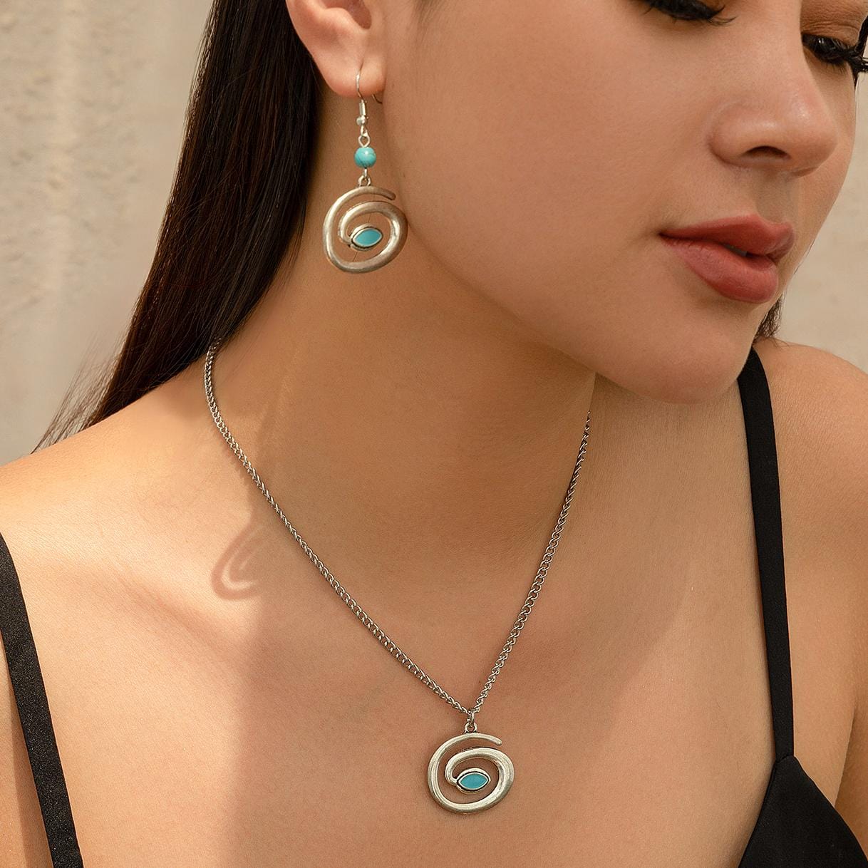 Boho Enamel Spiral Round Pendant Turquoise Earrings Necklace Set