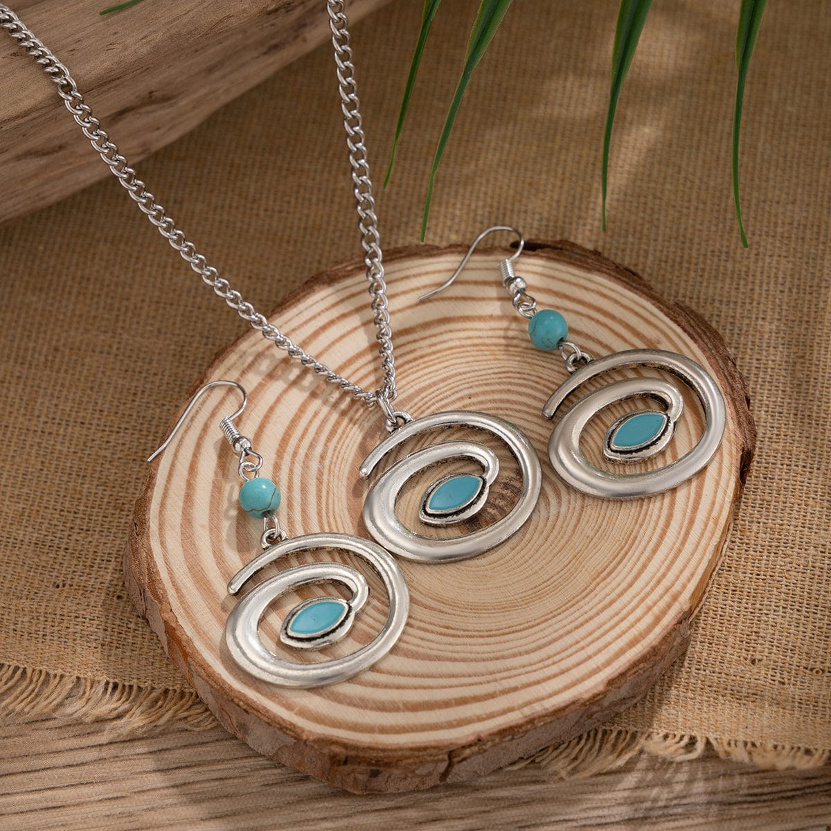 Boho Enamel Spiral Round Pendant Turquoise Earrings Necklace Set