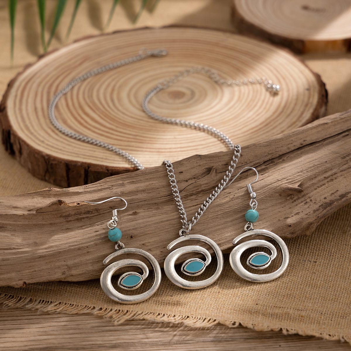 Boho Enamel Spiral Round Pendant Turquoise Earrings Necklace Set