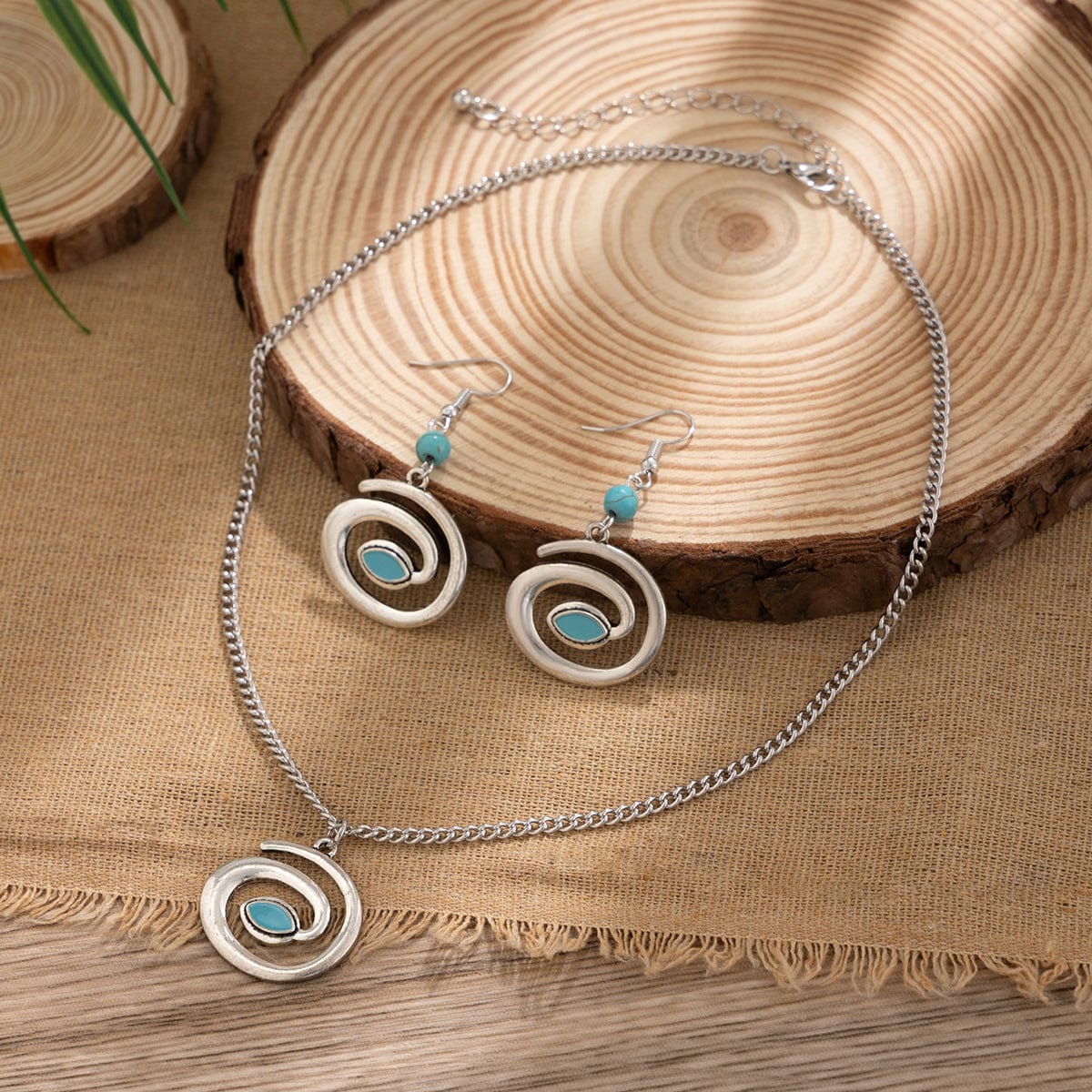 Boho Enamel Spiral Round Pendant Turquoise Earrings Necklace Set