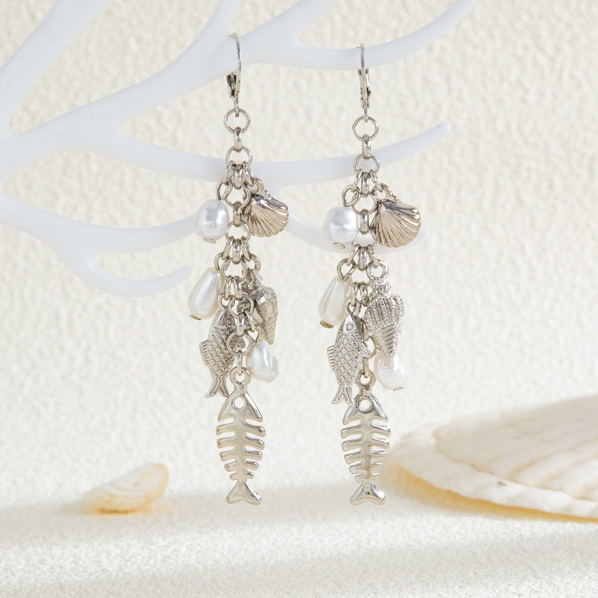 Boho Fishbone Pearl Conch Shell Tassel Hoop Earrings - ArtGalleryZen