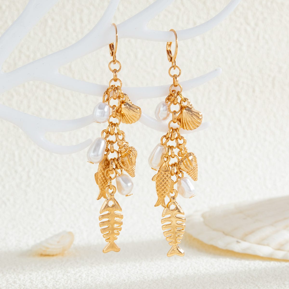 Boho Fishbone Pearl Conch Shell Tassel Hoop Earrings - ArtGalleryZen