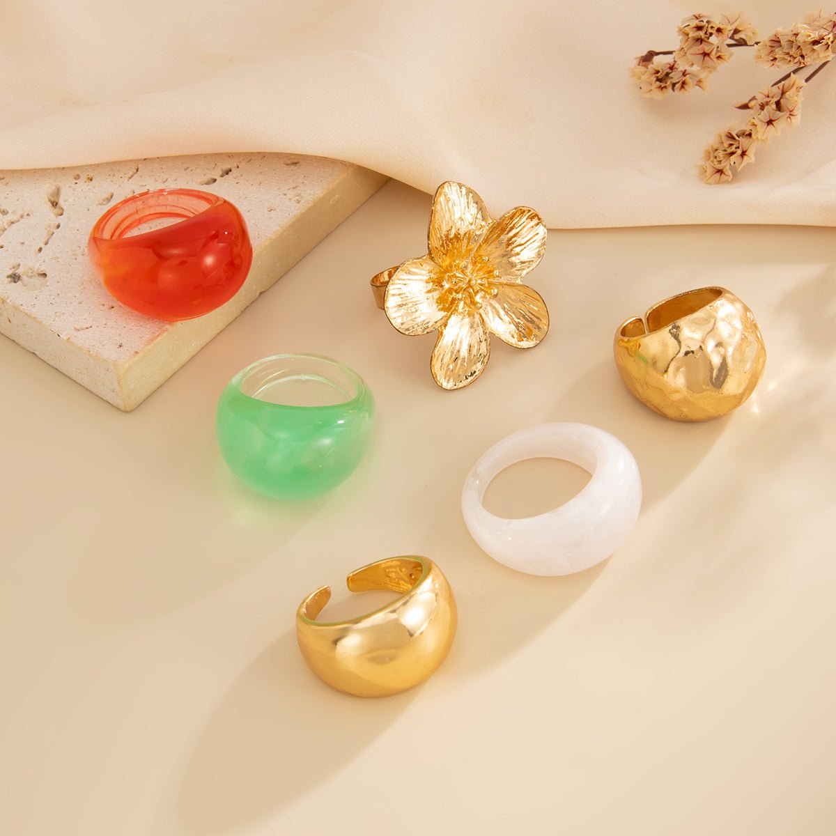 Boho Flower Ring Set 6pcs - Chunky Gradient Resin Statement Rings - ArtGalleryZen