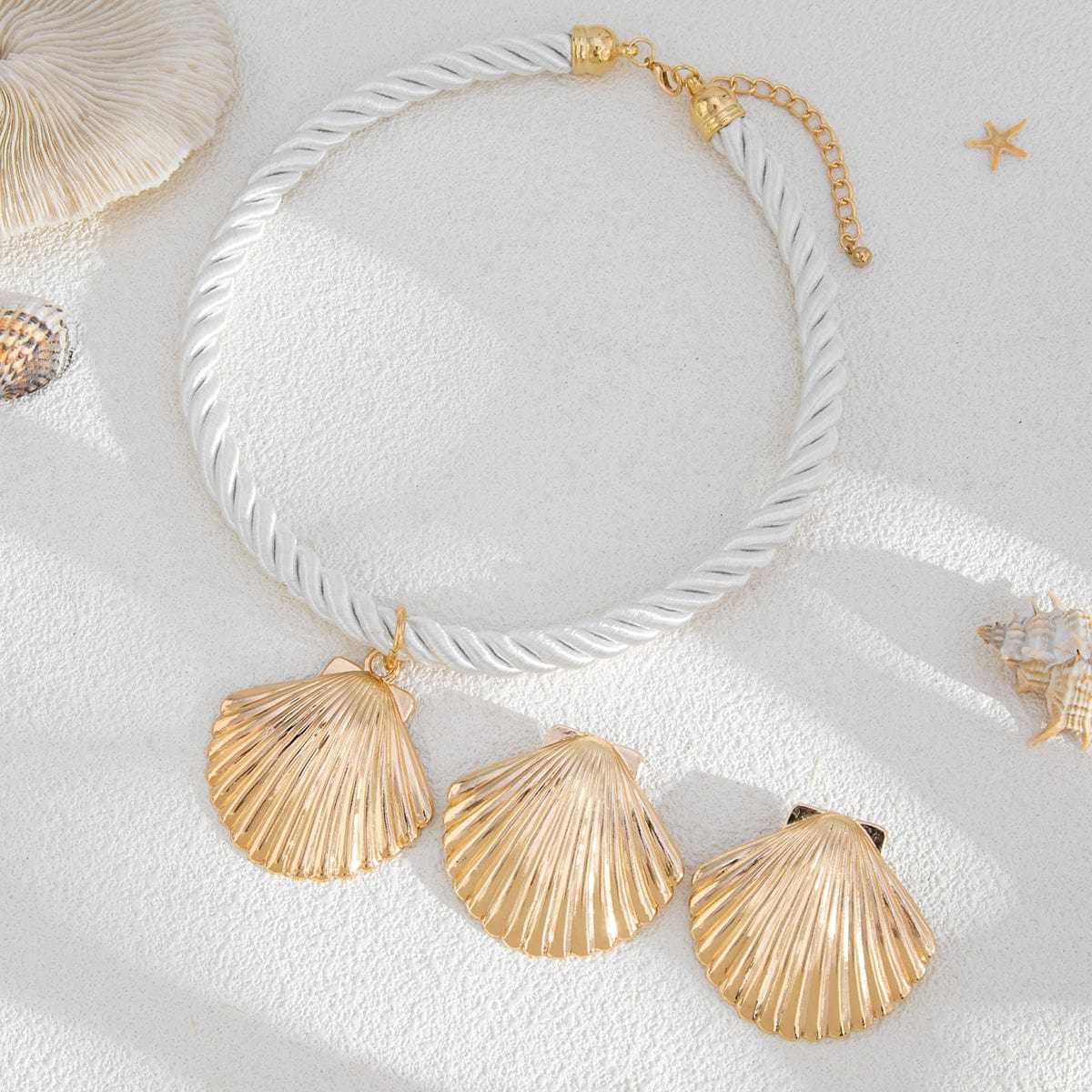 Boho Gold Silver Plated Shell Pendant Necklace Earrings Set