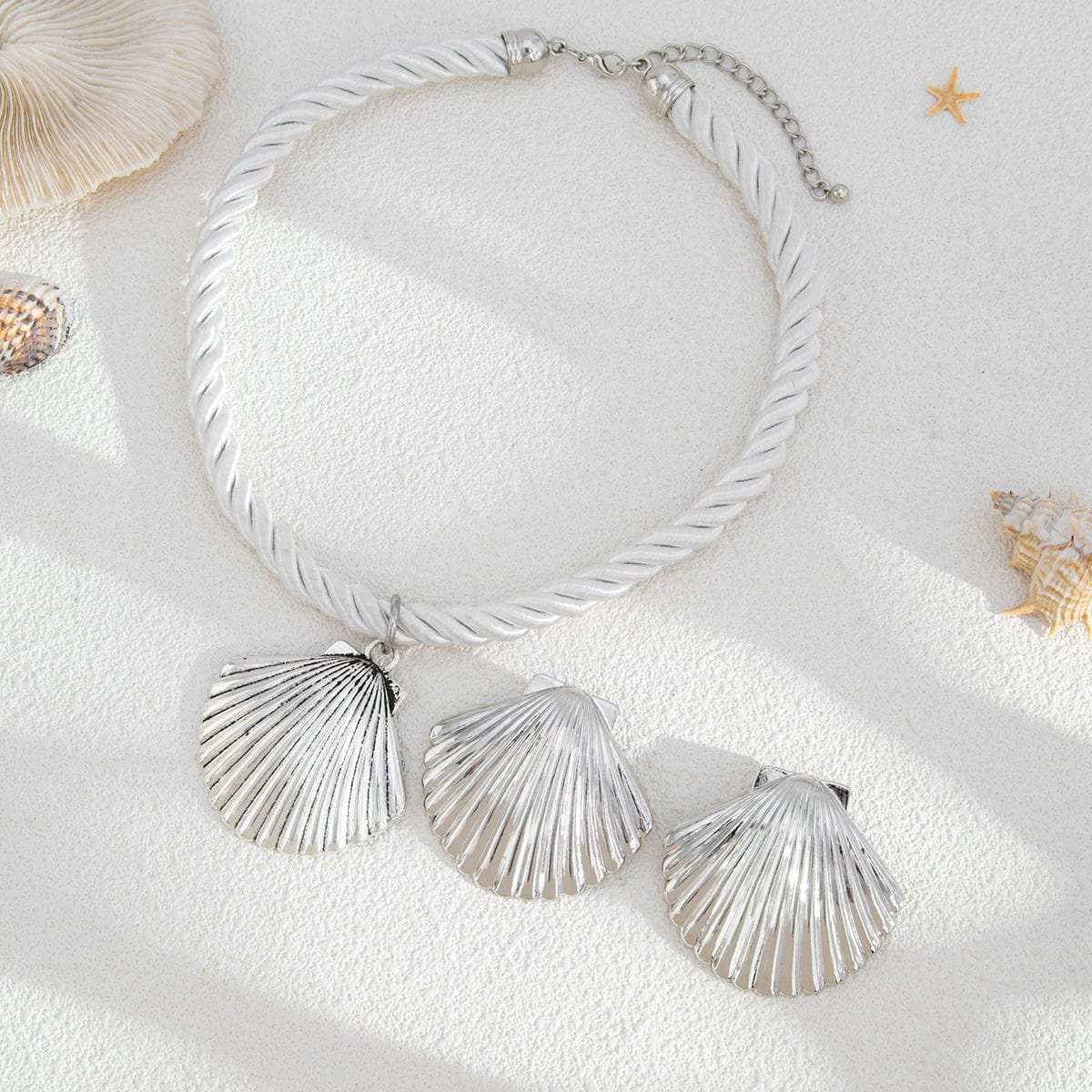 Boho Gold Silver Plated Shell Pendant Necklace Earrings Set