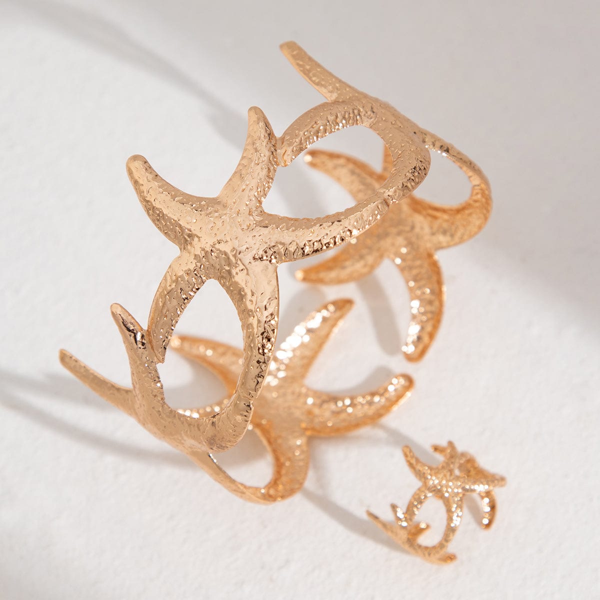 Boho Gold Silver Plated Starfish Open Ring Bangle Bracelet Set