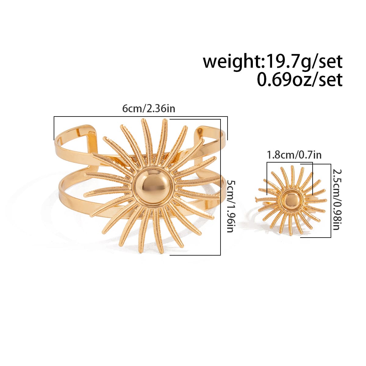 Boho Gold Silver Plated Sun Open Ring Bangle Bracelet Set - ArtGalleryZen