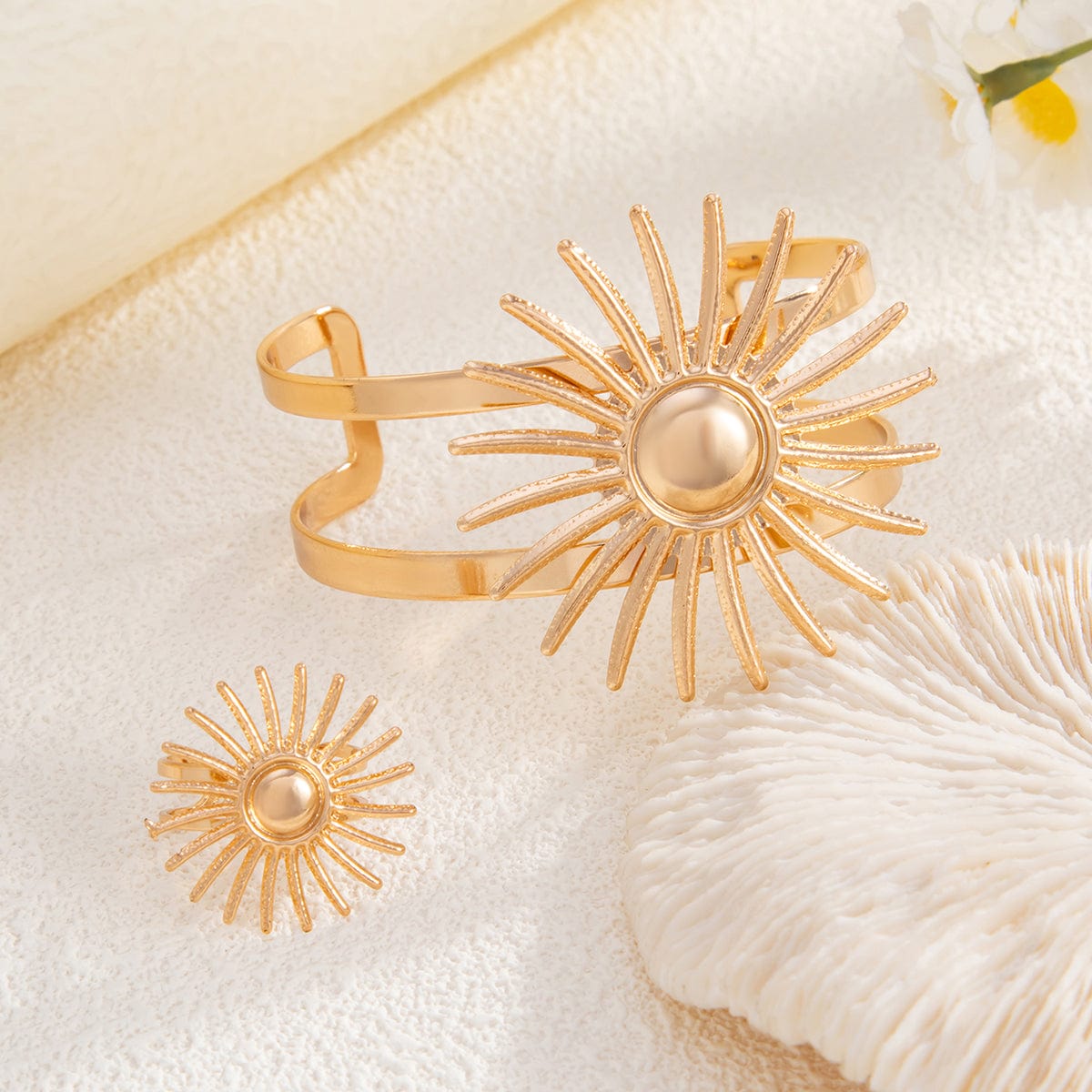 Boho Gold Silver Plated Sun Open Ring Bangle Bracelet Set - ArtGalleryZen