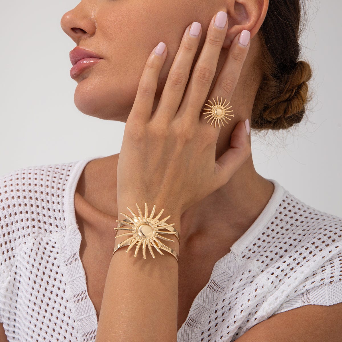Boho Gold Silver Plated Sun Open Ring Bangle Bracelet Set - ArtGalleryZen