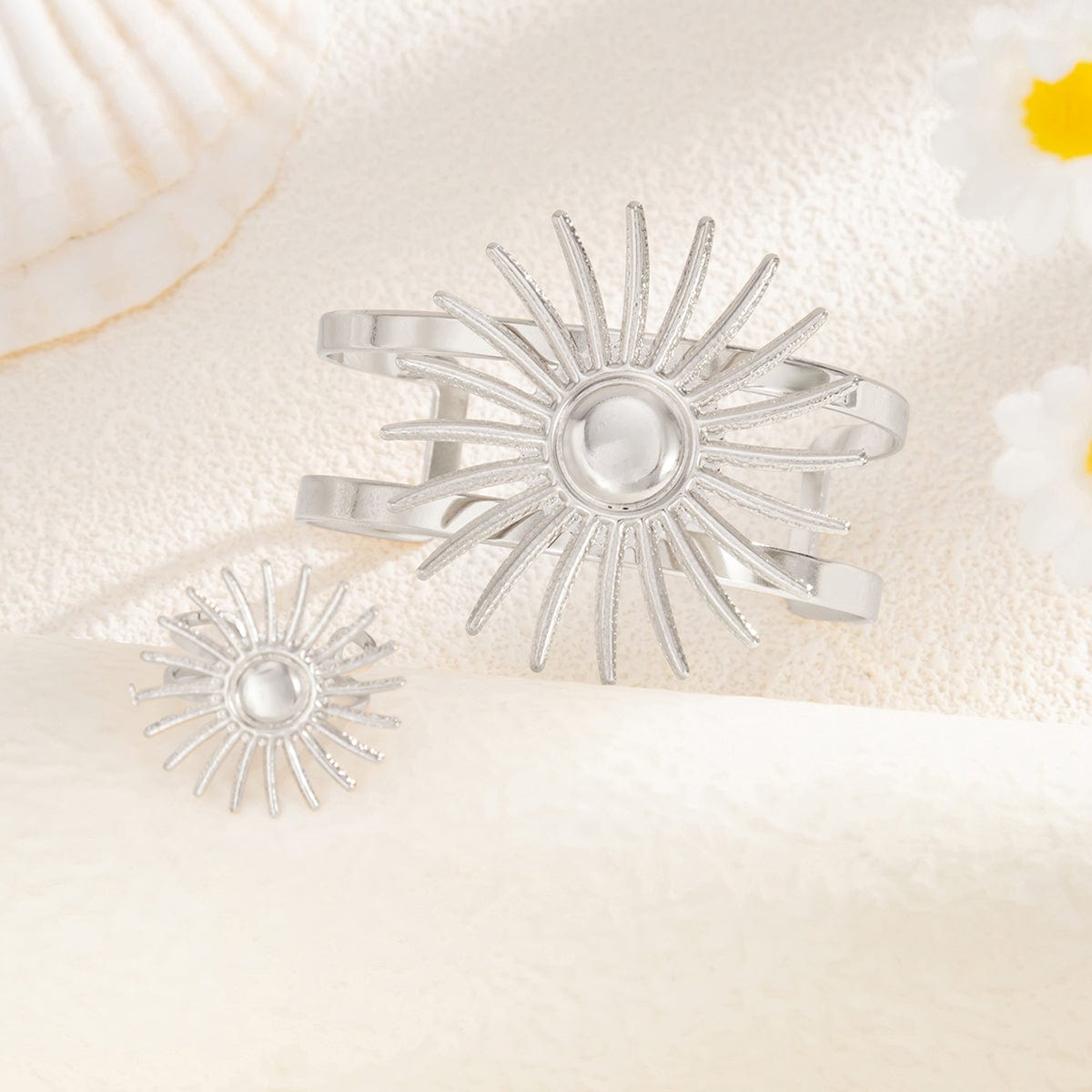 Boho Gold Silver Plated Sun Open Ring Bangle Bracelet Set - ArtGalleryZen