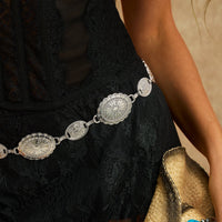 Thumbnail for Boho Gold Silver Tone Carved Flower Oval Disk Waist Chain - ArtGalleryZen