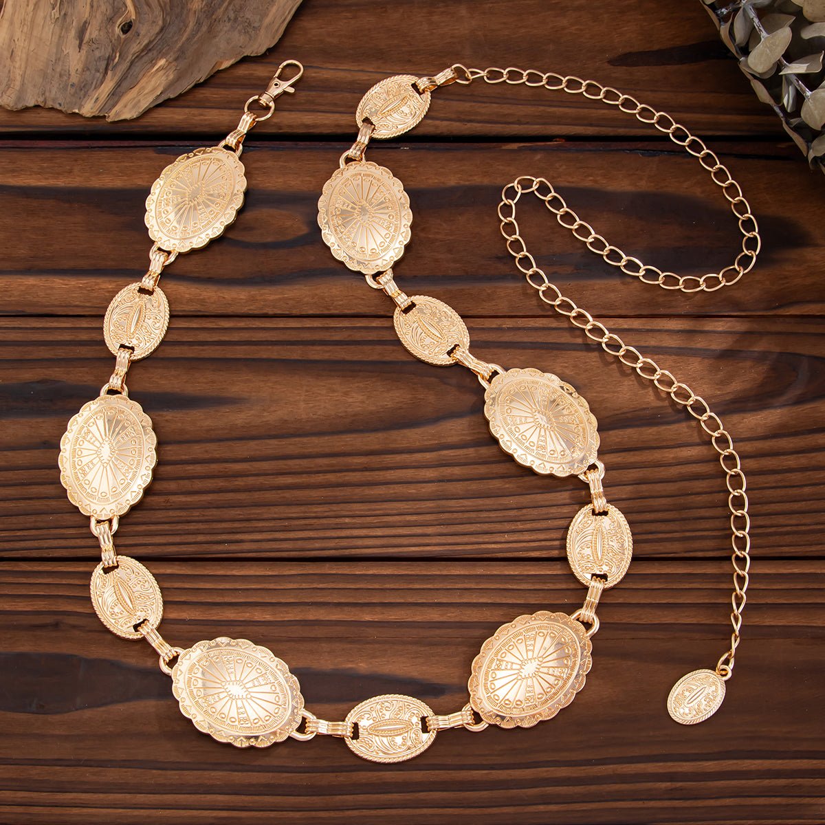 Boho Gold Silver Tone Carved Flower Oval Disk Waist Chain - ArtGalleryZen