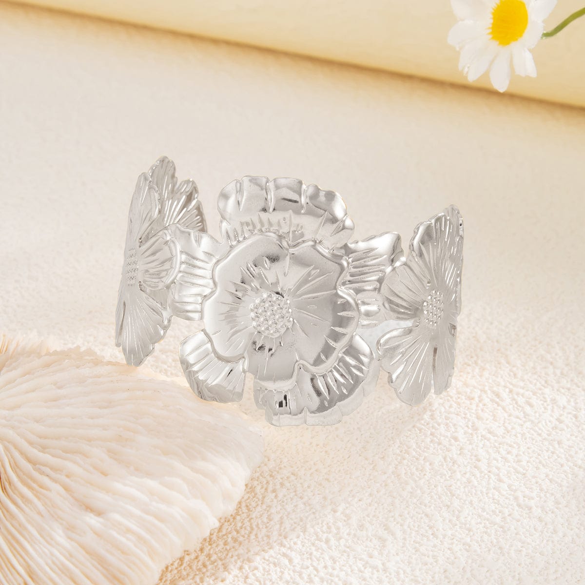 Boho Gold Silver Tone Chunky Flower Bangle Bracelet - ArtGalleryZen