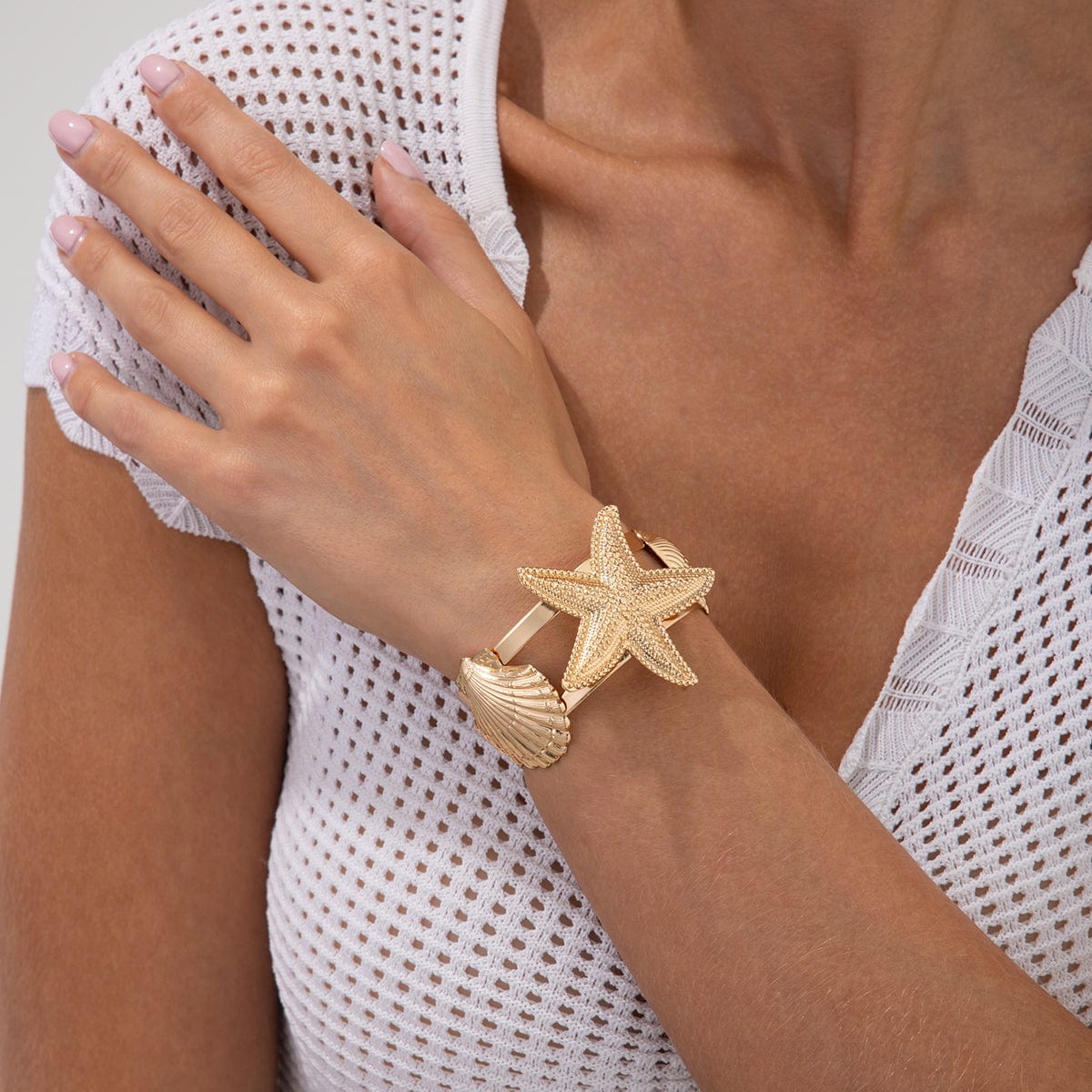 Boho Gold Silver Tone Shell Starfish Hollow Bangle Bracelet - ArtGalleryZen