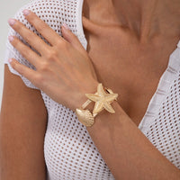 Thumbnail for Boho Gold Silver Tone Shell Starfish Hollow Bangle Bracelet - ArtGalleryZen