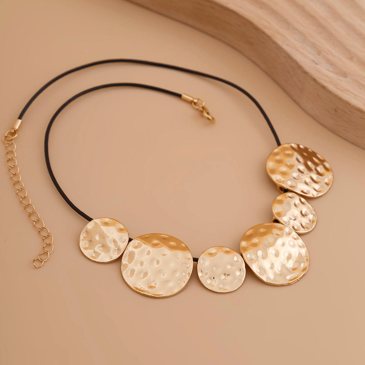 Boho Gold Silver Tone Textured Discs Wax Cord String Necklace