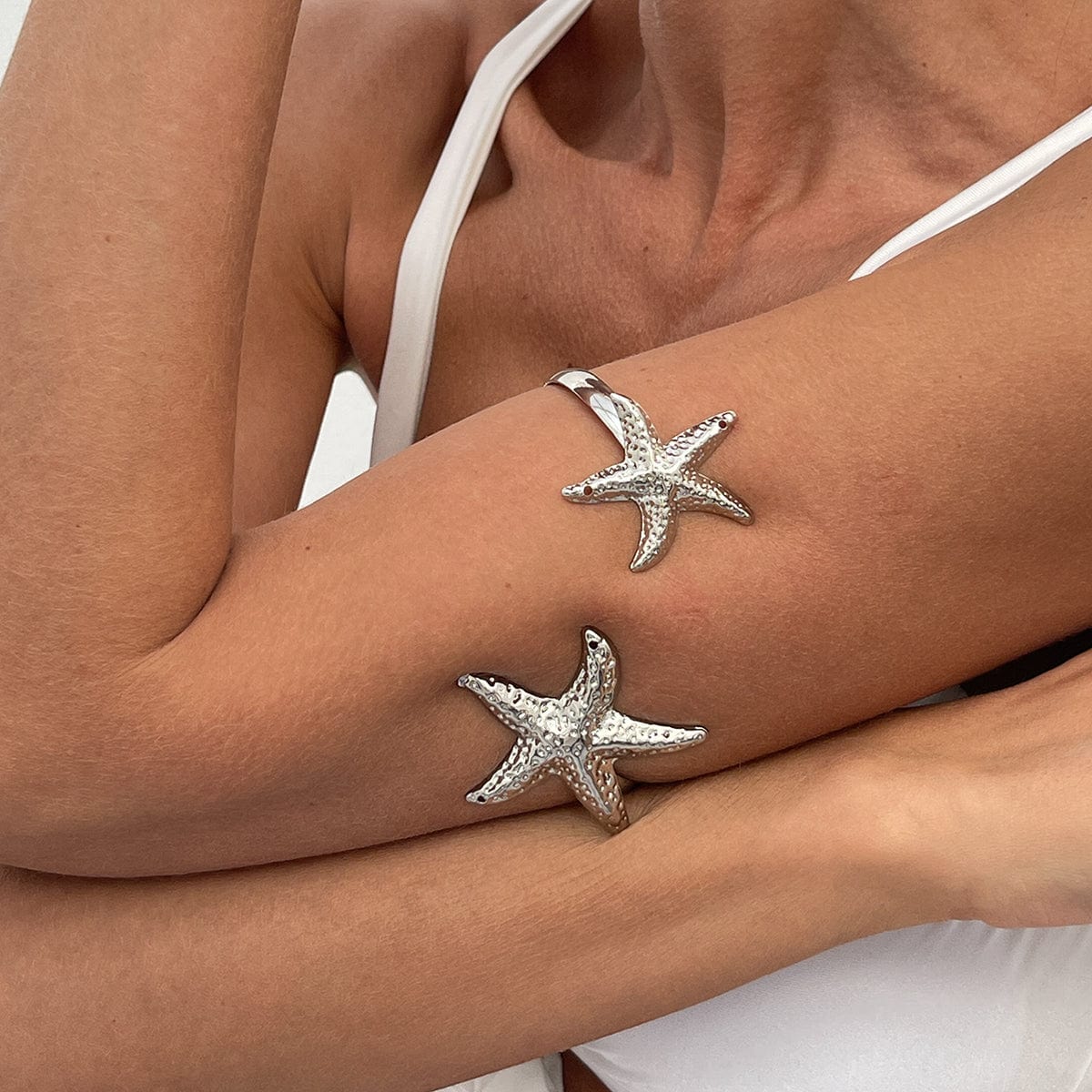 Boho Gold Silver Tone Textured Starfish Arm Cuff - ArtGalleryZen