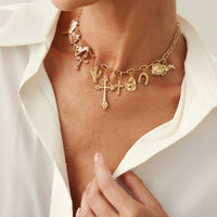 Thumbnail for Boho Gold Tone Cross Cactus Cowboy Hat Charm Necklace - ArtGalleryZen