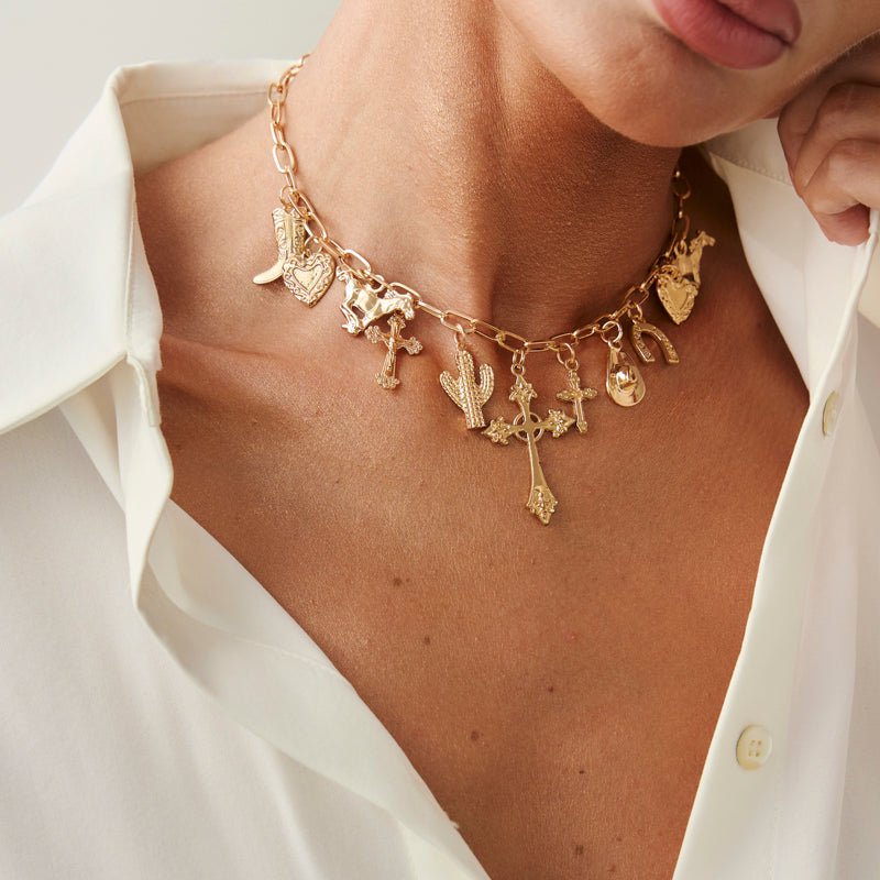 Boho Gold Tone Cross Cactus Cowboy Hat Charm Necklace - ArtGalleryZen