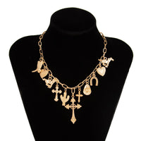 Thumbnail for Boho Gold Tone Cross Cactus Cowboy Hat Charm Necklace - ArtGalleryZen