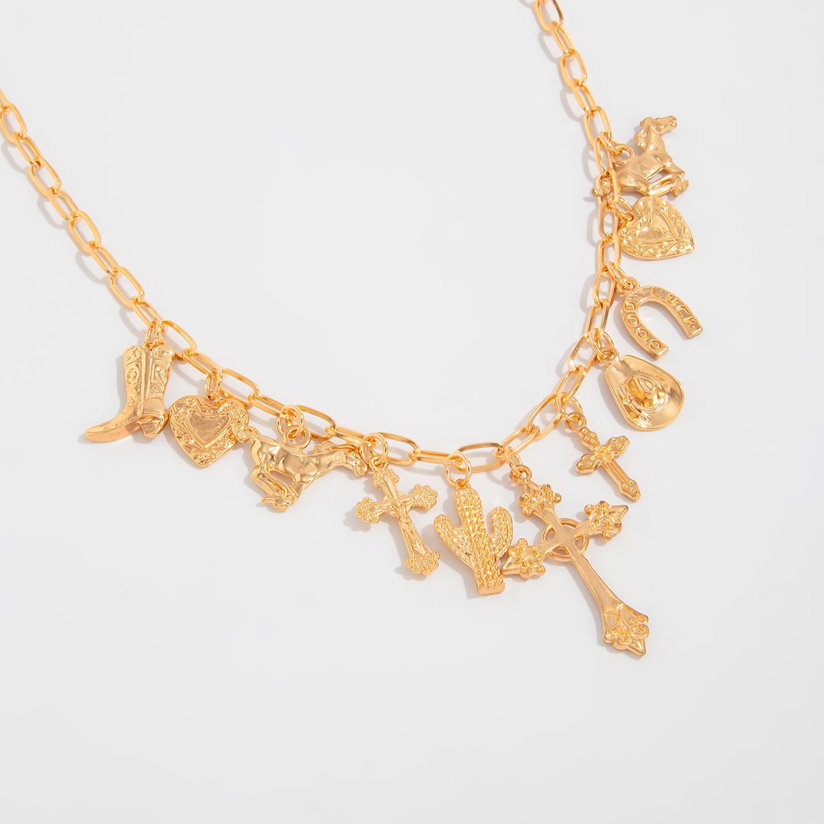 Boho Gold Tone Cross Cactus Cowboy Hat Charm Necklace - ArtGalleryZen