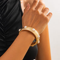 Thumbnail for Boho Gold Tone Textured Pearl Bangle Bracelet