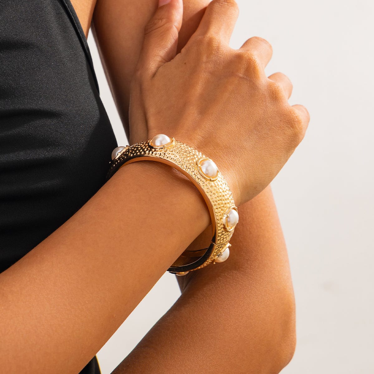 Boho Gold Tone Textured Pearl Bangle Bracelet