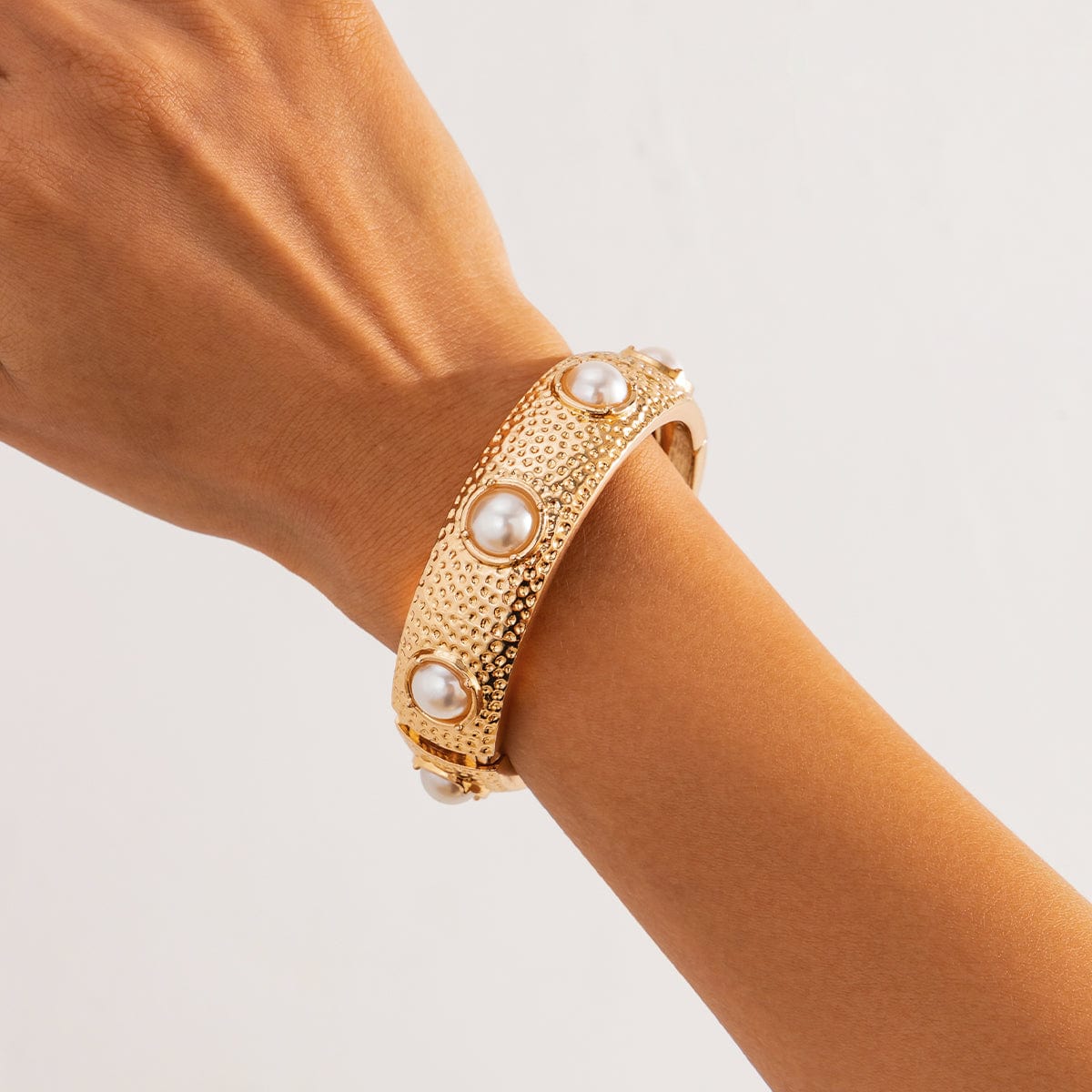 Boho Gold Tone Textured Pearl Bangle Bracelet