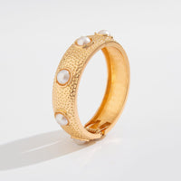 Thumbnail for Boho Gold Tone Textured Pearl Bangle Bracelet