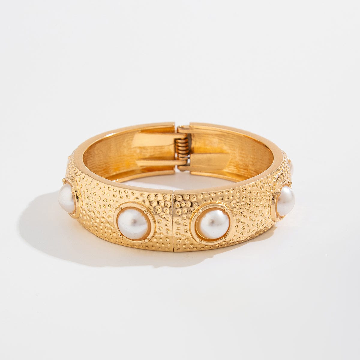 Boho Gold Tone Textured Pearl Bangle Bracelet