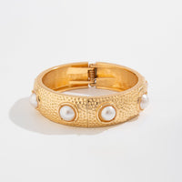 Thumbnail for Boho Gold Tone Textured Pearl Bangle Bracelet