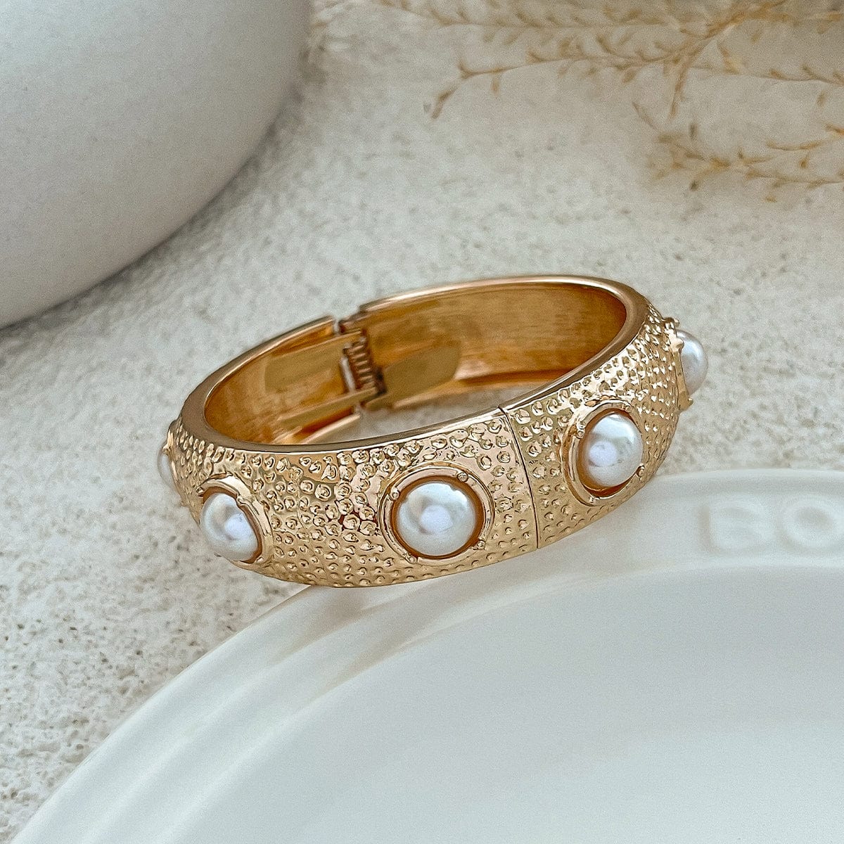 Boho Gold Tone Textured Pearl Bangle Bracelet