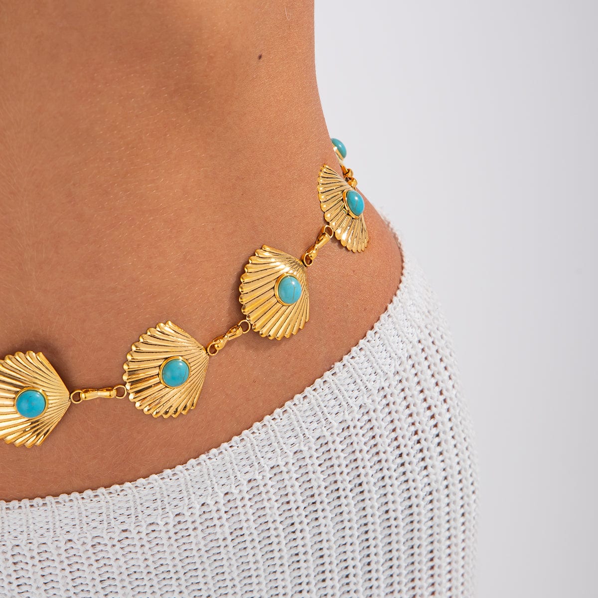 Boho Gold Tone Turquoise Inlaid Shell Waist Chain - ArtGalleryZen