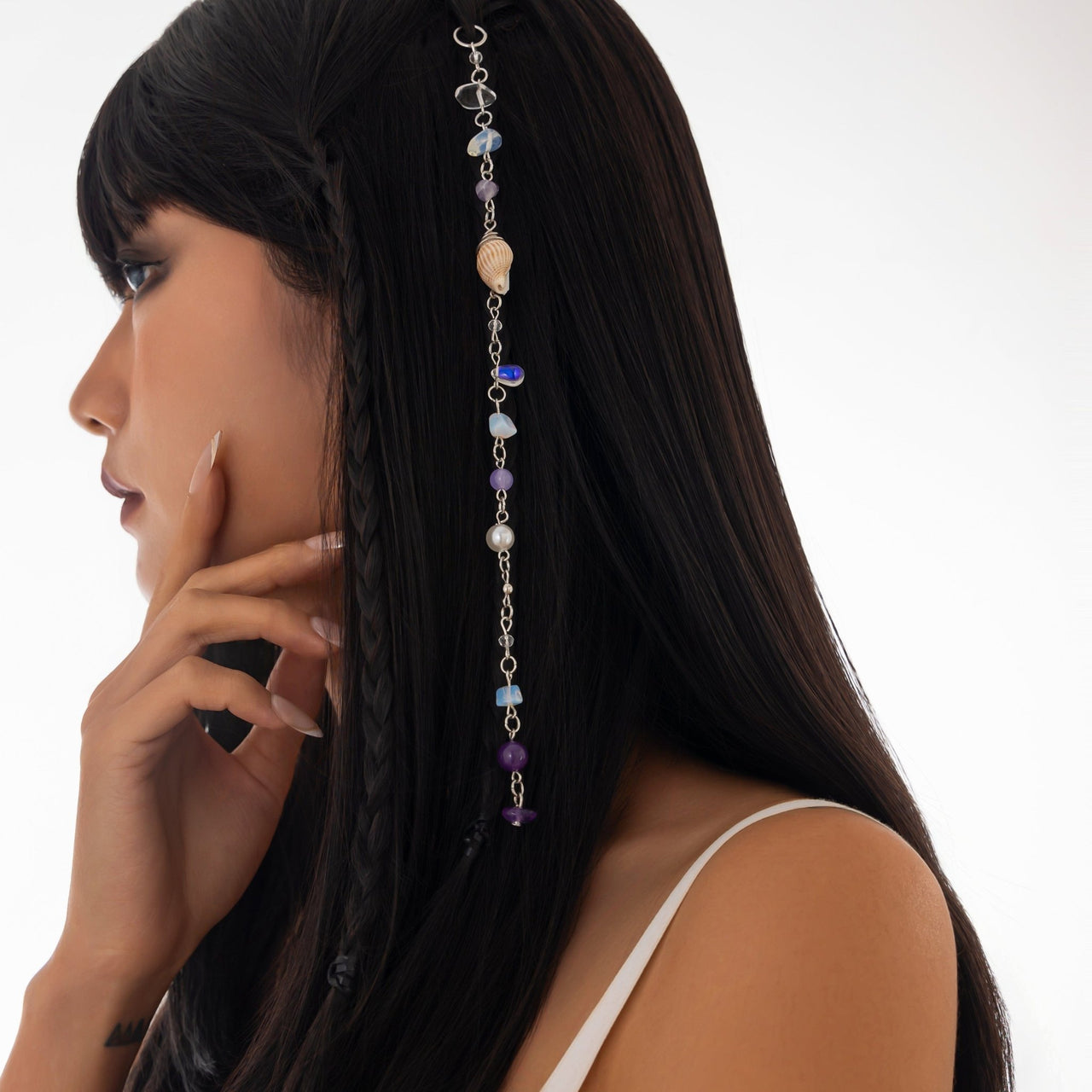 Boho Irregular Crystal Stone Conch Pearl Chain Hair Braids Ring - ArtGalleryZen