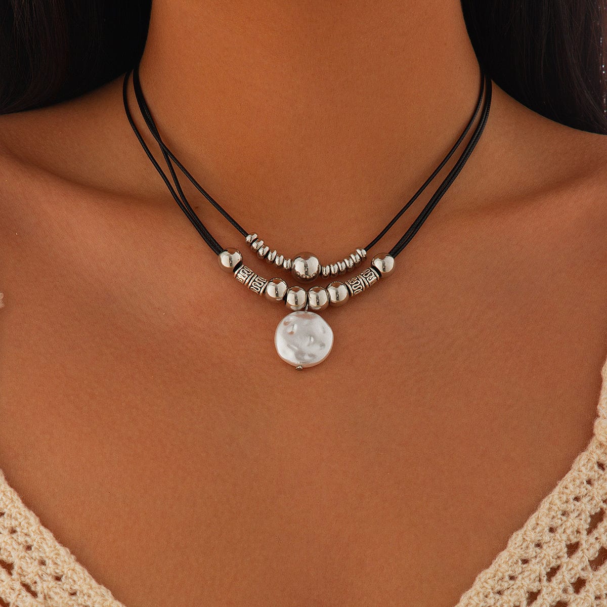 Boho Irregular Pearl Pendant Wax Cord String Necklace - ArtGalleryZen