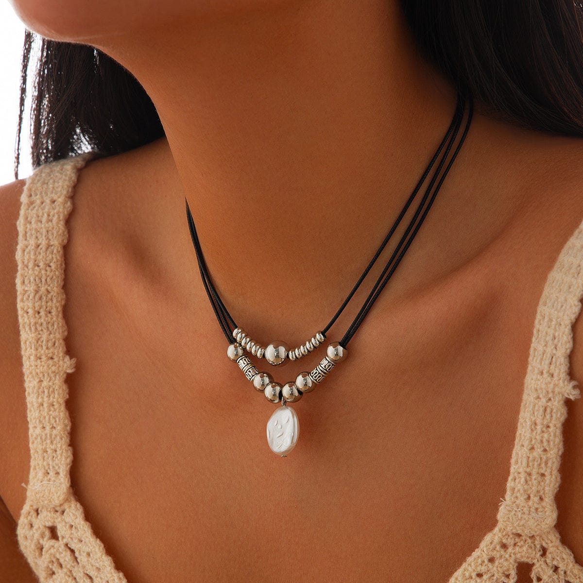 Boho Irregular Pearl Pendant Wax Cord String Necklace