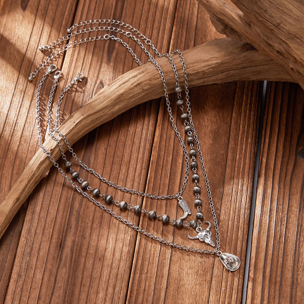 Boho Layered Bull Boot Cowboy Hat Charm Ball Chain Necklace Set - ArtGalleryZen