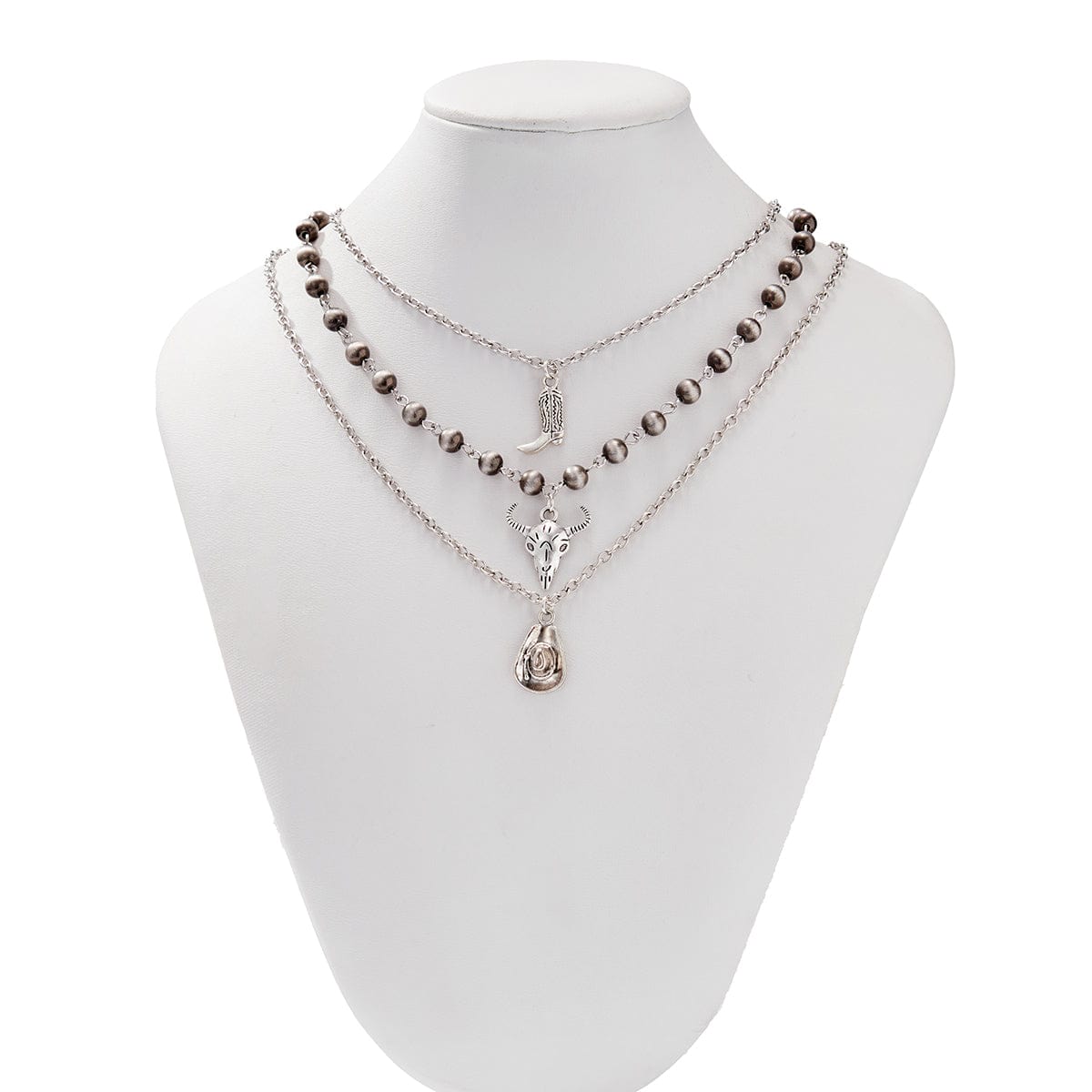 Boho Layered Bull Boot Cowboy Hat Charm Ball Chain Necklace Set - ArtGalleryZen