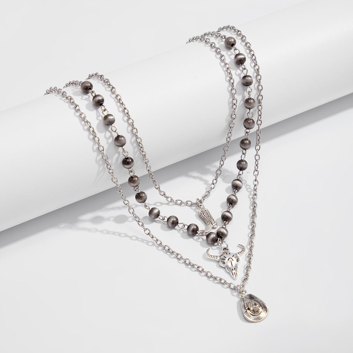 Boho Layered Bull Boot Cowboy Hat Charm Ball Chain Necklace Set - ArtGalleryZen