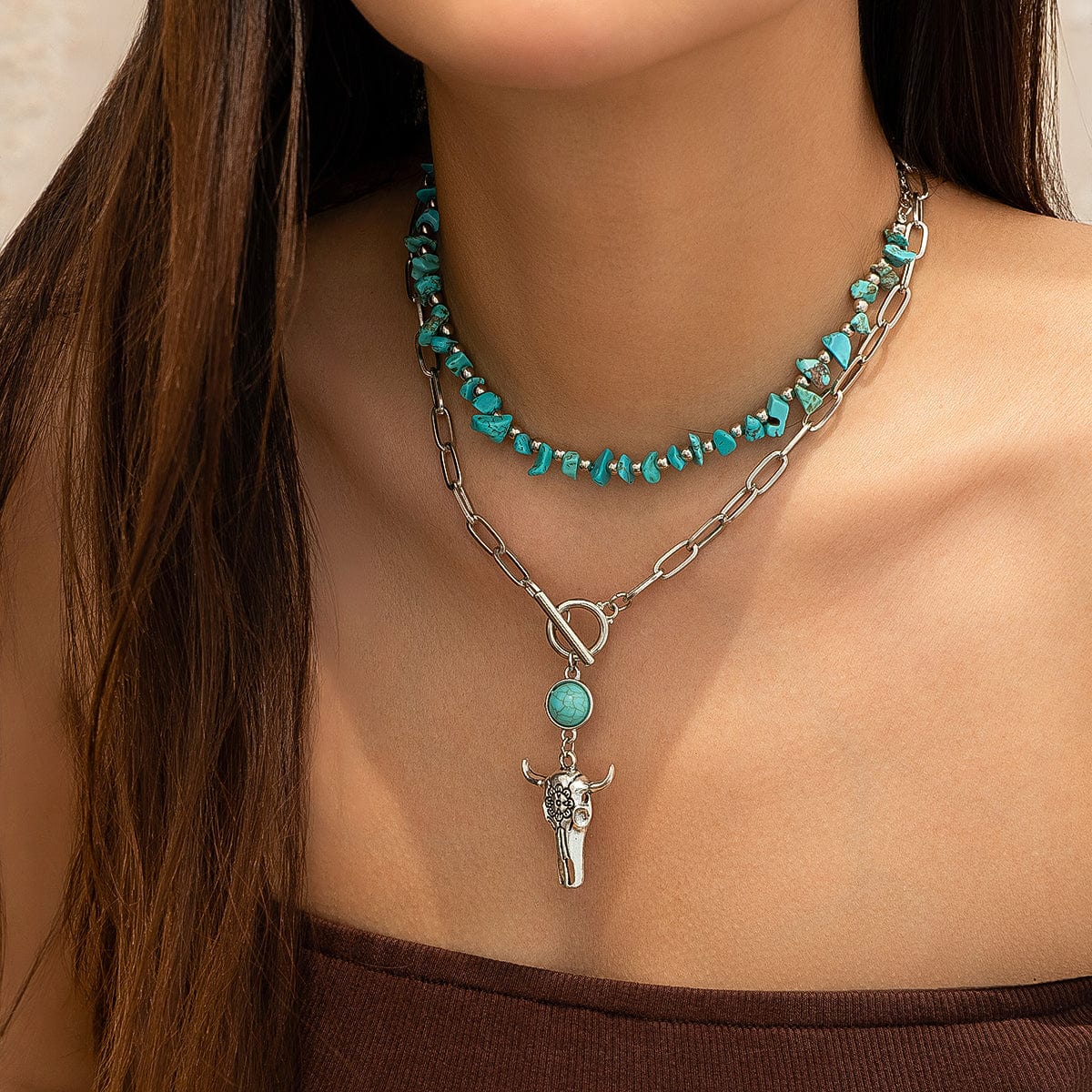 Boho Layered Bull Pendant Turquoise Necklace Set