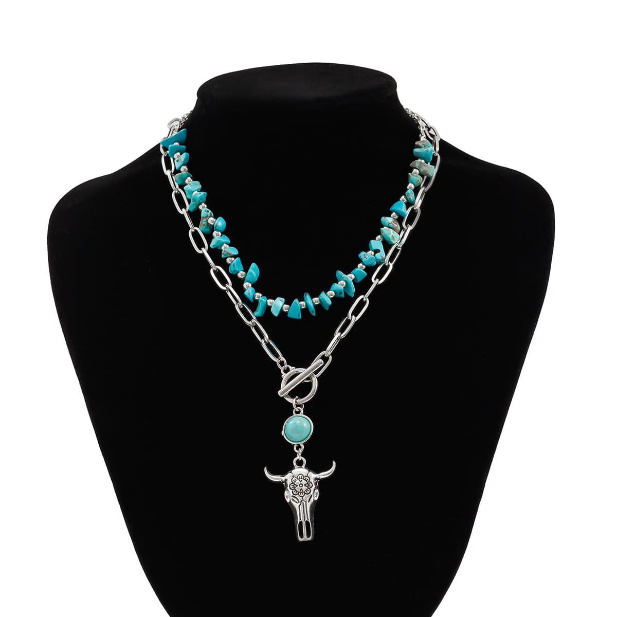 Boho Layered Bull Pendant Turquoise Necklace Set