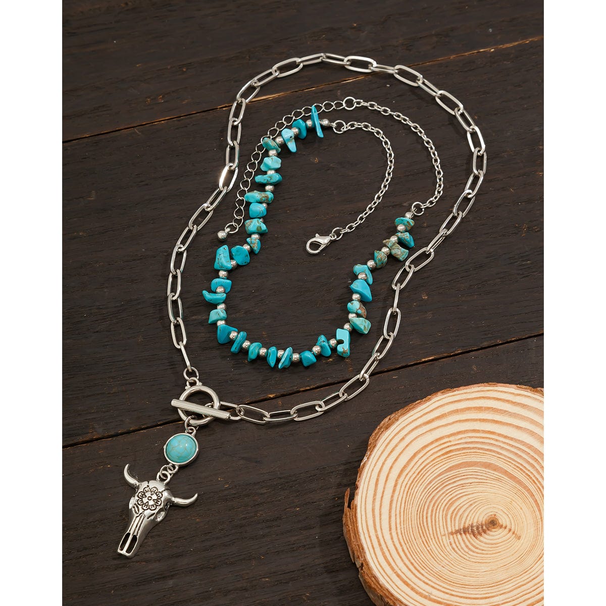 Boho Layered Bull Pendant Turquoise Necklace Set