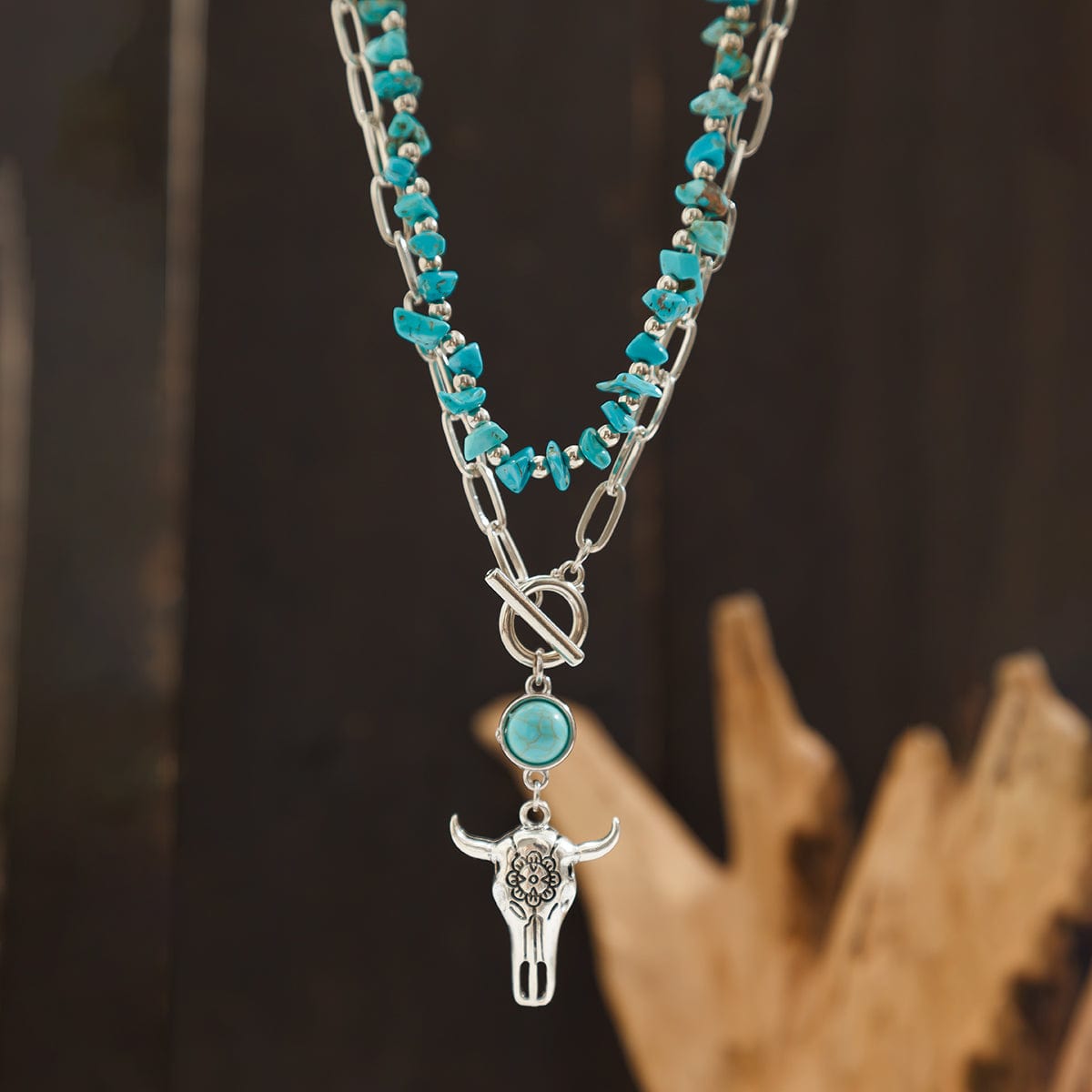 Boho Layered Bull Pendant Turquoise Necklace Set