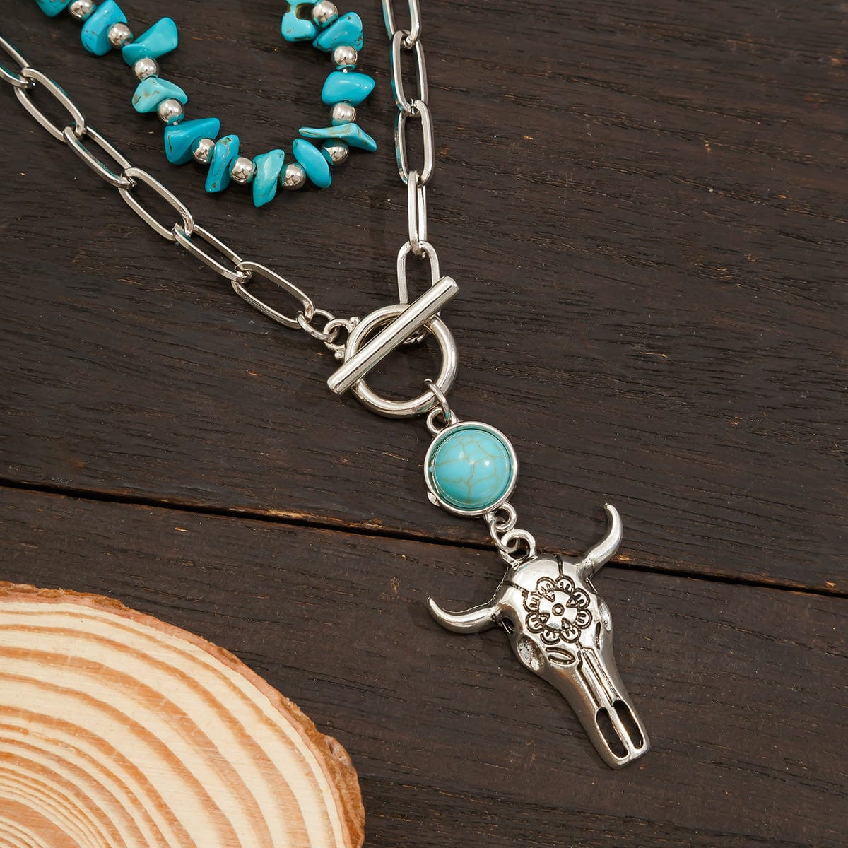 Boho Layered Bull Pendant Turquoise Necklace Set