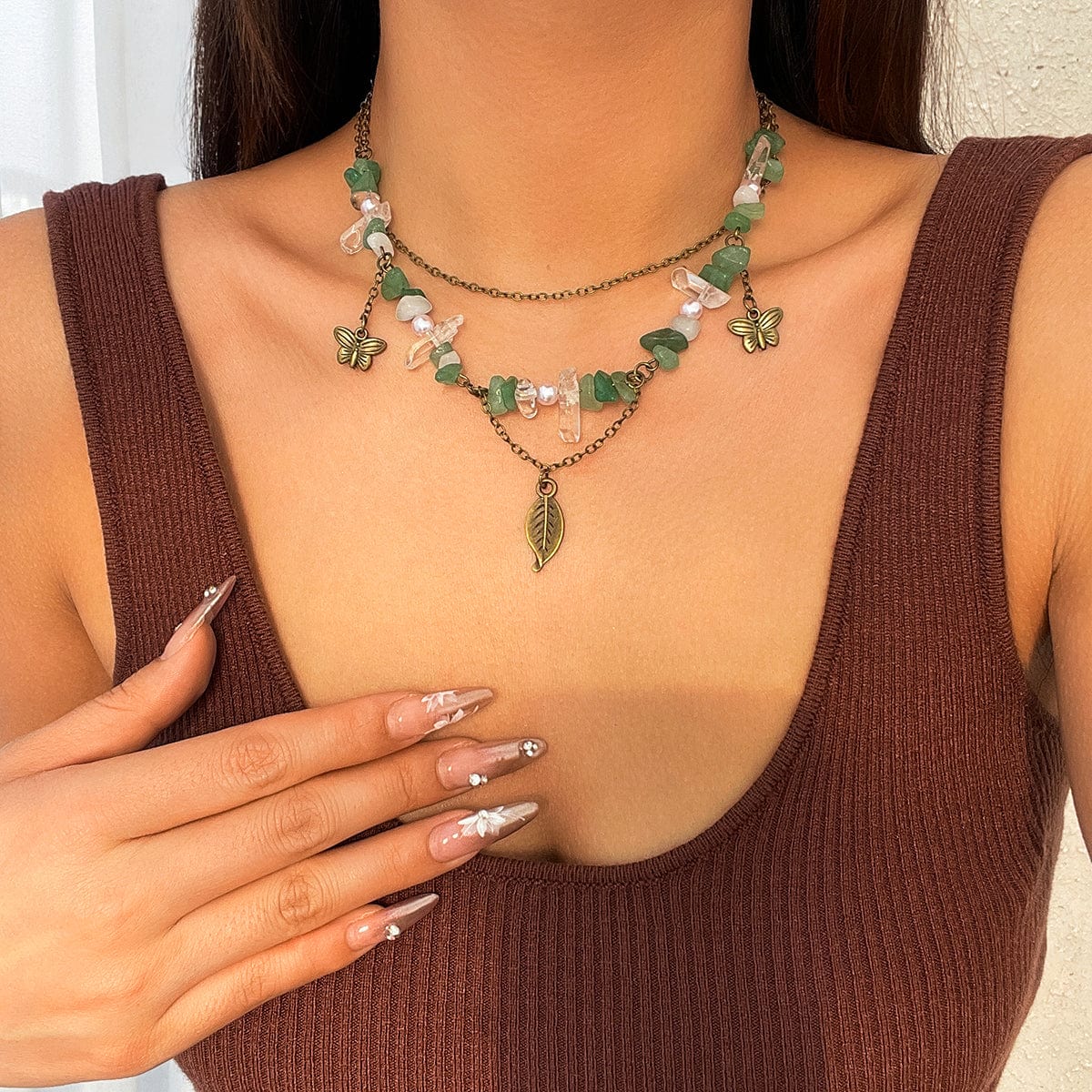 Boho Layered Butterfly Feather Pendant Turquoise Stone Chain Necklace - ArtGalleryZen