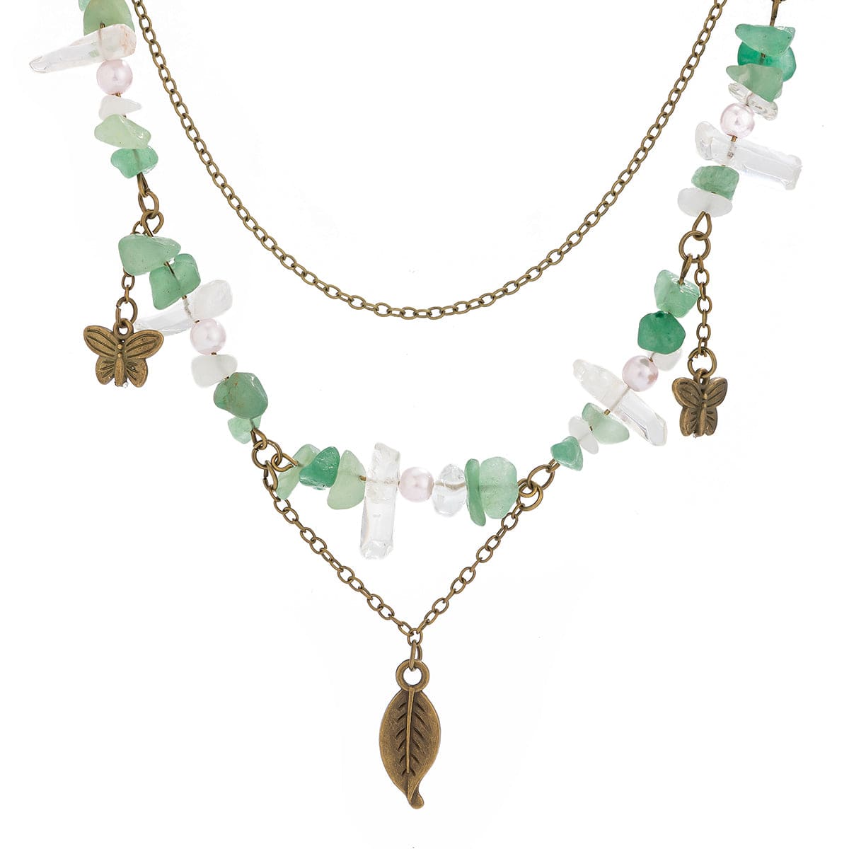 Boho Layered Butterfly Feather Pendant Turquoise Stone Chain Necklace - ArtGalleryZen